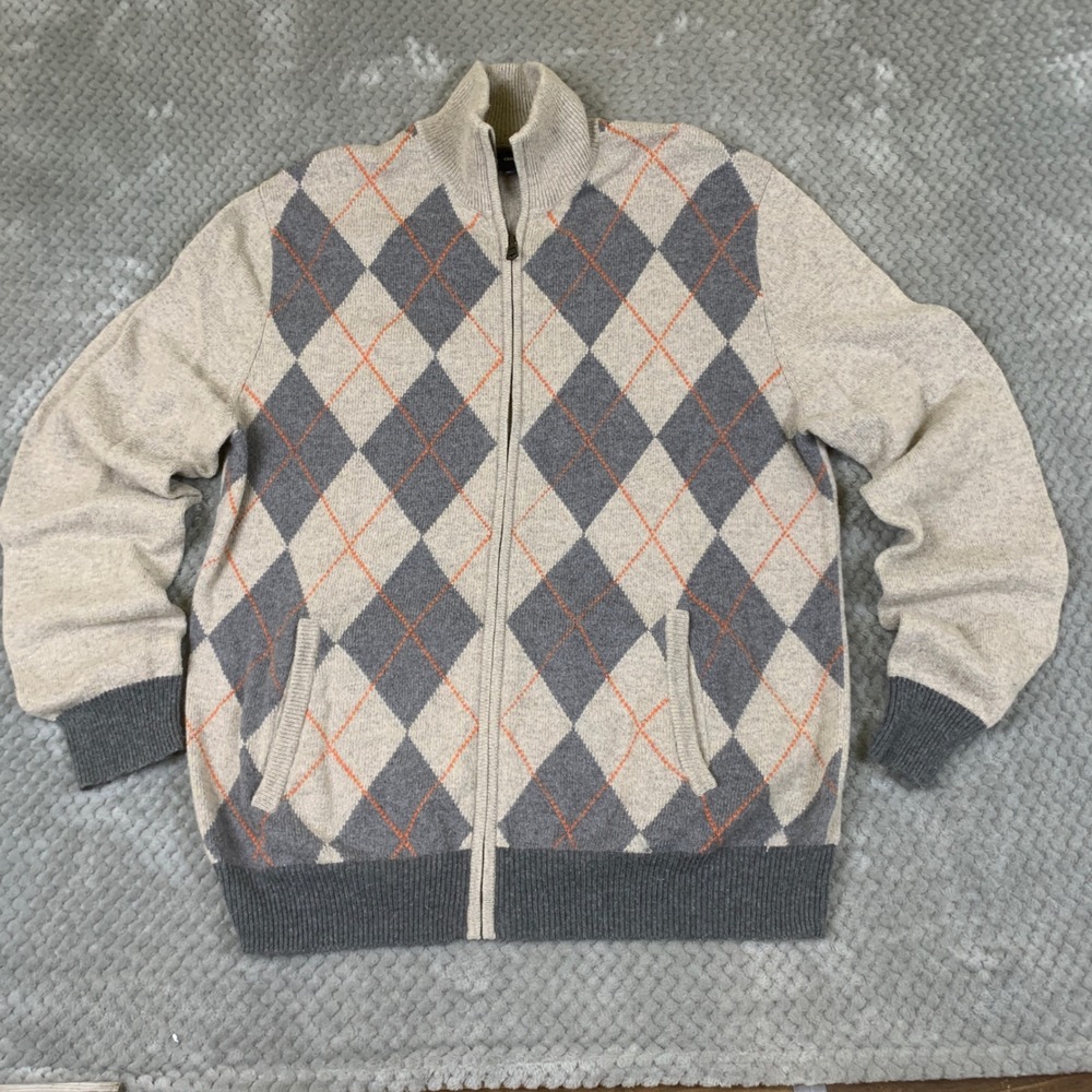 Gap Argyle Sweater Mens XL Gray Beige Full Zip Cotton Wool Blend Y2K Orange